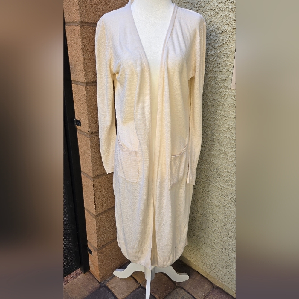 Rachel Zoe Cream Long Open-Front Cardigan with Pockets